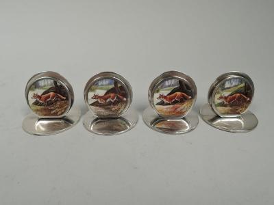  Sampson Mordan Co Set of 4 English Sterling Silver Enamel Fox Place Card Menu Holders