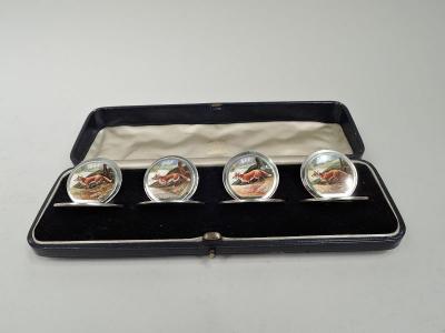  Sampson Mordan Co Set of 4 English Sterling Silver Enamel Fox Place Card Menu Holders
