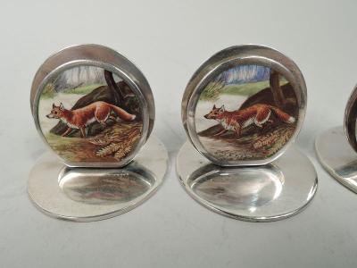  Sampson Mordan Co Set of 4 English Sterling Silver Enamel Fox Place Card Menu Holders
