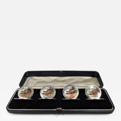  Sampson Mordan Co Set of 4 English Sterling Silver Enamel Fox Place Card Menu Holders