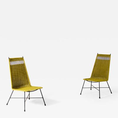  Saporiti Pair of armchairs with iron structure and interweaving in rubber and rush wire