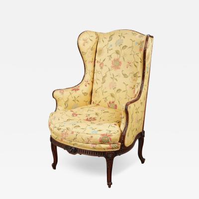  Scalamandre Antique Louis XV Provincial Style Walnut Bergere Wingback Chair