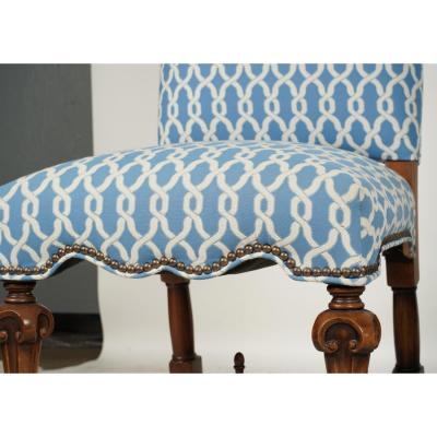  Scalamandre Pair if Spanish Colonial Walnut Scalamandre Blue Lattice High Back Side Chairs