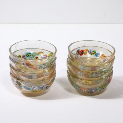  Schiavon Set of 8 Mid Century Modern Hand Blown Murano Millifiori 24K Gold Fleck Bowls