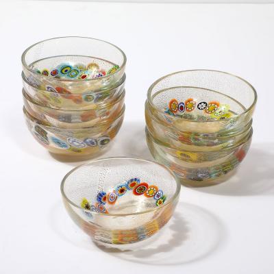  Schiavon Set of 8 Mid Century Modern Hand Blown Murano Millifiori 24K Gold Fleck Bowls