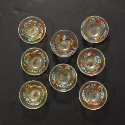 Schiavon Set of 8 Mid Century Modern Hand Blown Murano Millifiori 24K Gold Fleck Bowls