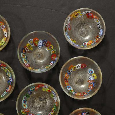  Schiavon Set of 8 Mid Century Modern Hand Blown Murano Millifiori 24K Gold Fleck Bowls