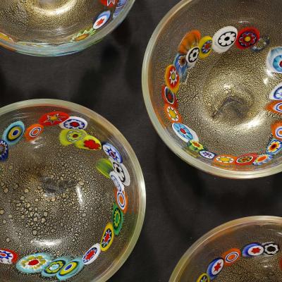 Schiavon Set of 8 Mid Century Modern Hand Blown Murano Millifiori 24K Gold Fleck Bowls