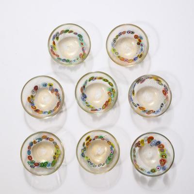  Schiavon Set of 8 Mid Century Modern Hand Blown Murano Millifiori 24K Gold Fleck Bowls