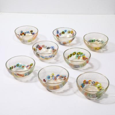  Schiavon Set of 8 Mid Century Modern Hand Blown Murano Millifiori 24K Gold Fleck Bowls