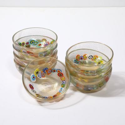  Schiavon Set of 8 Mid Century Modern Hand Blown Murano Millifiori 24K Gold Fleck Bowls
