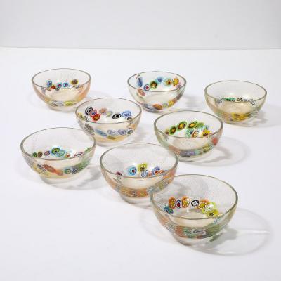 Schiavon Set of 8 Mid Century Modern Hand Blown Murano Millifiori 24K Gold Fleck Bowls