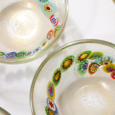 Schiavon Set of 8 Mid Century Modern Hand Blown Murano Millifiori 24K Gold Fleck Bowls