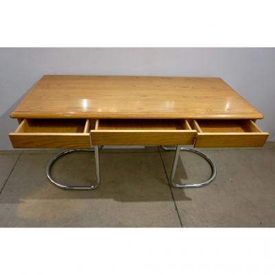  Schirolli 1970s Italian Vintage Curved Nickel Legs 3 Drawer Ash Tree Center Desk Console