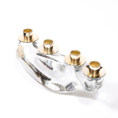  Schneider Mid Century Amorphic Candelabra in Crystal and Brass Signed Schneider