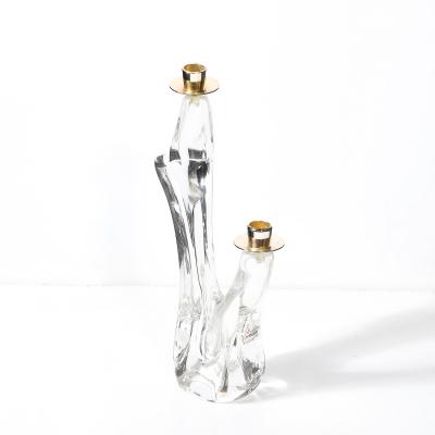  Schneider Mid Century Amorphic Crystal Brass Two Arm Candelabra Signed Schneider