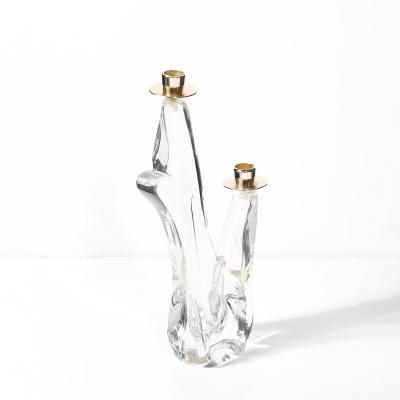  Schneider Mid Century Amorphic Crystal Brass Two Arm Candelabra Signed Schneider