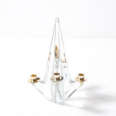  Schneider Mid Century Crystal Brass Amorphic 4 Arm Candelabra Signed Schneider