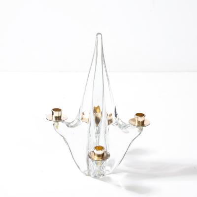  Schneider Mid Century Crystal Brass Amorphic 4 Arm Candelabra Signed Schneider