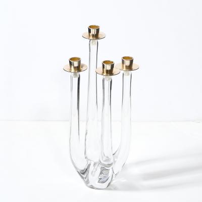  Schneider Mid Century Crystal Brass Amorphic Four Arm Candelabra Signed Schneider