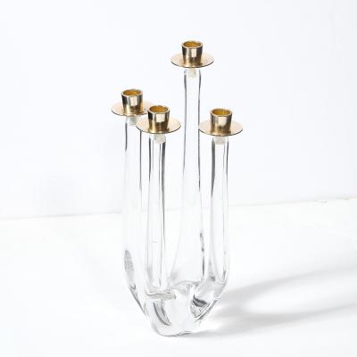  Schneider Mid Century Crystal Brass Amorphic Four Arm Candelabra Signed Schneider