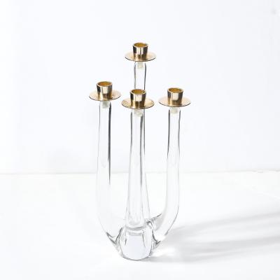  Schneider Mid Century Crystal Brass Amorphic Four Arm Candelabra Signed Schneider