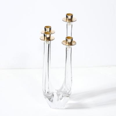  Schneider Mid Century Crystal Brass Amorphic Four Arm Candelabra Signed Schneider