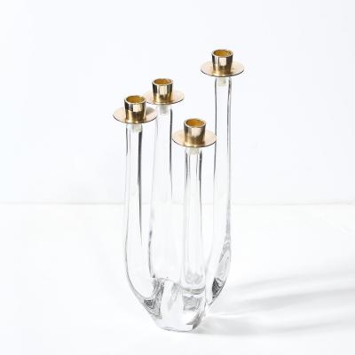  Schneider Mid Century Crystal Brass Amorphic Four Arm Candelabra Signed Schneider