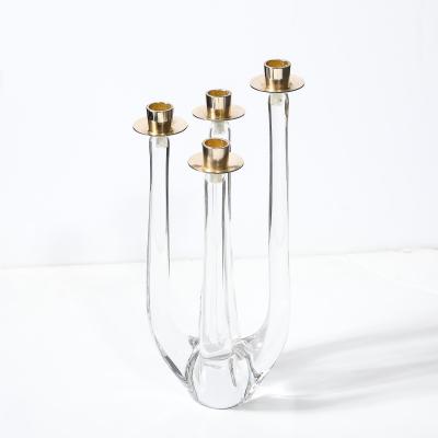  Schneider Mid Century Crystal Brass Amorphic Four Arm Candelabra Signed Schneider