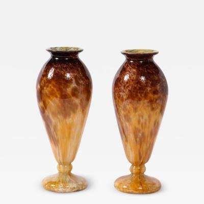  Schneider Pair of Art Deco Vases in Smoked Amethyst Amber Hued Glass by Schneider