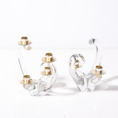  Schneider Pair of Mid Century Amorphic Candelabra in Crystal and Brass Signed Schneider