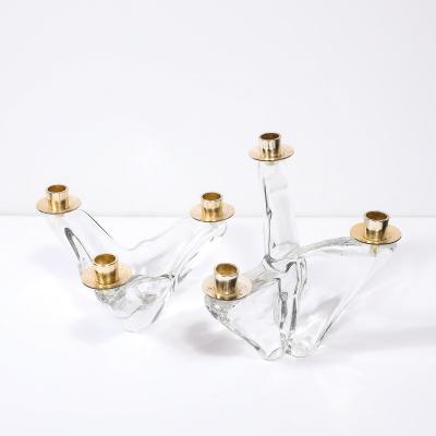  Schneider Pair of Mid Century Amorphic Crystal Brass 3 Arm Candelabra Signed Schneider