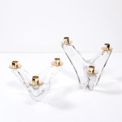  Schneider Pair of Mid Century Amorphic Crystal Brass 3 Arm Candelabra Signed Schneider