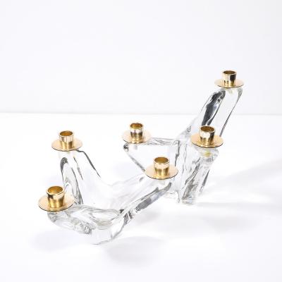  Schneider Pair of Mid Century Amorphic Crystal Brass 3 Arm Candelabra Signed Schneider