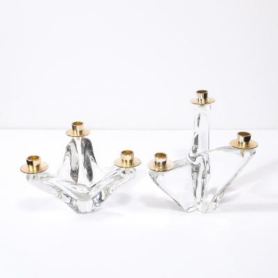  Schneider Pair of Mid Century Amorphic Crystal Brass 3 Arm Candelabra Signed Schneider