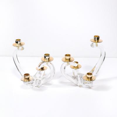  Schneider Pair of Mid Century Amorphic Crystal Brass 4 Arm Candelabras Signed Schneider