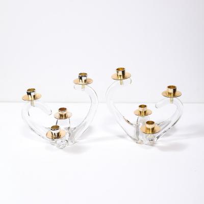  Schneider Pair of Mid Century Amorphic Crystal Brass 4 Arm Candelabras Signed Schneider