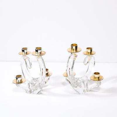  Schneider Pair of Mid Century Amorphic Crystal Brass 4 Arm Candelabras Signed Schneider