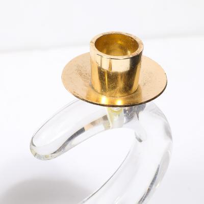  Schneider Pair of Mid Century Amorphic Crystal Brass 4 Arm Candelabras Signed Schneider