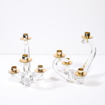  Schneider Pair of Mid Century Amorphic Crystal Brass 4 Arm Candelabras Signed Schneider