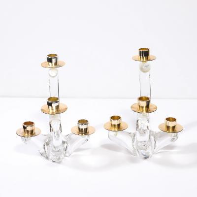 Schneider Pair of Mid Century Amorphic Crystal Brass 4 Arm Candelabras Signed Schneider