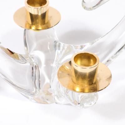  Schneider Pair of Mid Century Amorphic Crystal Brass 4 Arm Candelabras Signed Schneider