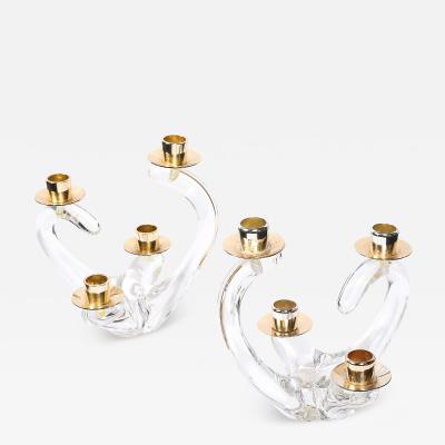  Schneider Pair of Mid Century Amorphic Crystal Brass 4 Arm Candelabras Signed Schneider