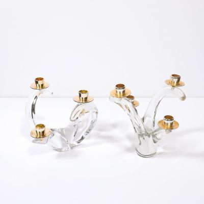  Schneider Pair of Mid Century Amorphic Crystal Brass 4 Arm Candelabras Signed Schneider