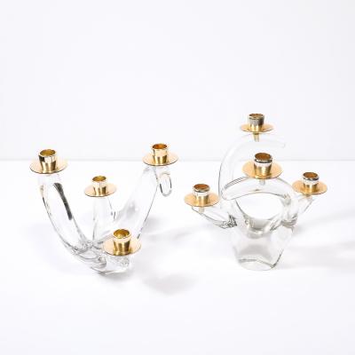  Schneider Pair of Mid Century Amorphic Crystal Brass 4 Arm Candelabras Signed Schneider