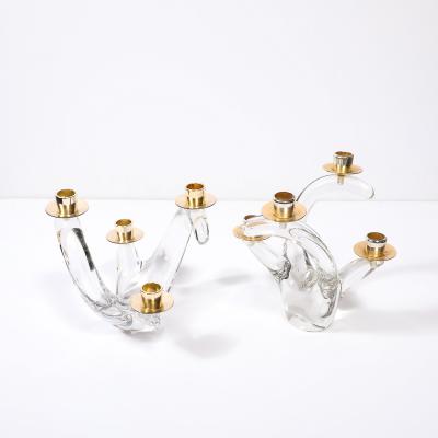  Schneider Pair of Mid Century Amorphic Crystal Brass 4 Arm Candelabras Signed Schneider