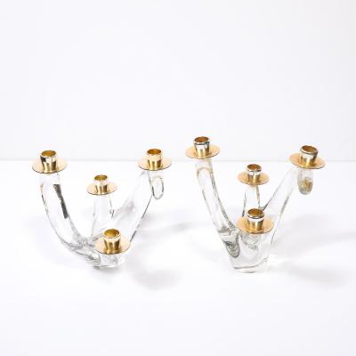  Schneider Pair of Mid Century Amorphic Crystal Brass 4 Arm Candelabras Signed Schneider