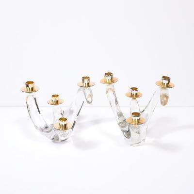  Schneider Pair of Mid Century Amorphic Crystal Brass 4 Arm Candelabras Signed Schneider