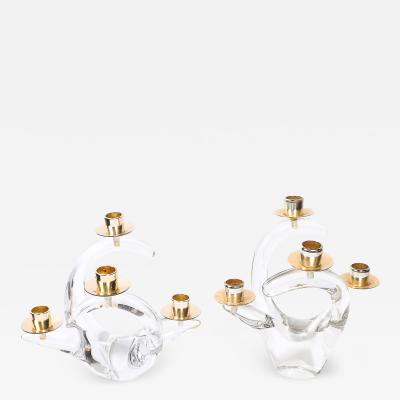  Schneider Pair of Mid Century Amorphic Crystal Brass 4 Arm Candelabras Signed Schneider