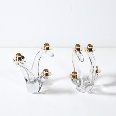  Schneider Pair of Mid Century Amorphic Crystal Brass 4 Arm Candelabras Signed Schneider